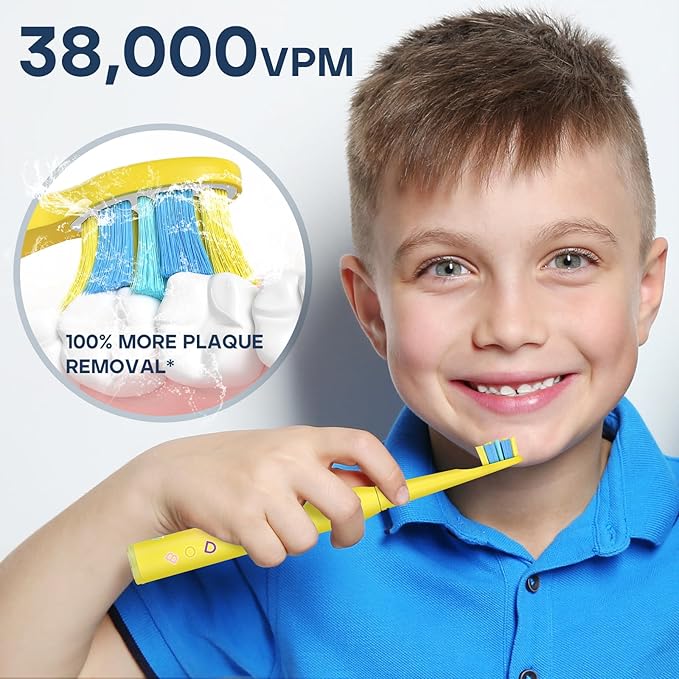 SEAGO Kids Electric Toothbrush, Rechargeable Sonic Soft Bristle Toothbrushes with 8 Brush Heads, DIY Stickers and 5 Modes, Ideal for Kids and Children, Ages 3–12,SG2303(Yellow)