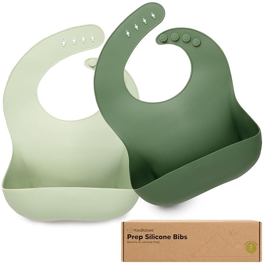 KeaBabies 2-Pack Silicone Baby Bibs for Eating - Sturdy Food-Grade Silicone Bibs for Babies Girl, Boy, Large Food Catcher, Clean & Put On Easily, Waterproof Toddler Feeding Essentials (Forest)