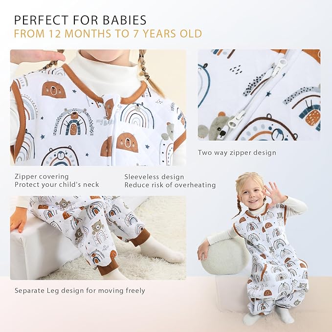 Baby Toddler Sleep Sack with Feet 2.5 TOG Winter, Wearable Blanket with Legs, Toddler Sleeping Sack Long Sleeve (Bear, 5T-7T)