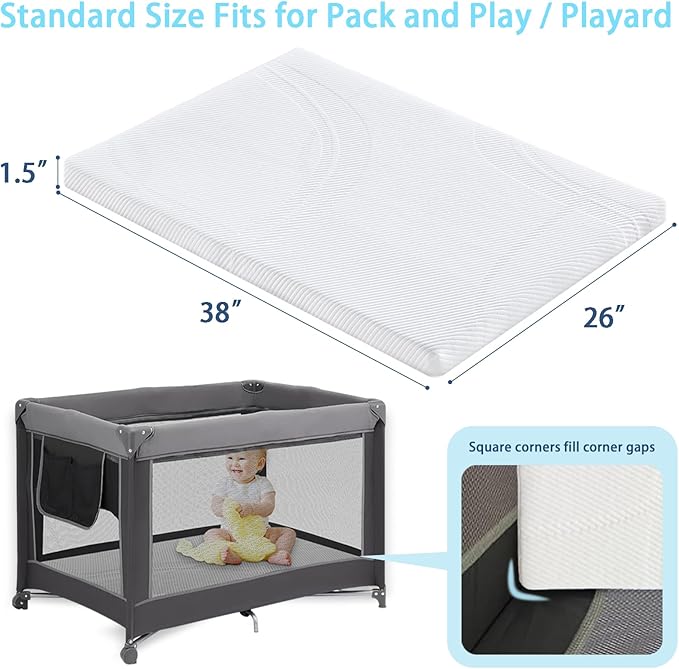 Pack and Play Mattress 38 x 26 x 1.5 in, Soft Breathable Pack N Play Mattresses with Washable Waterproof Cover for Baby ＆Toddler, Portable Crib Mattress for Playard