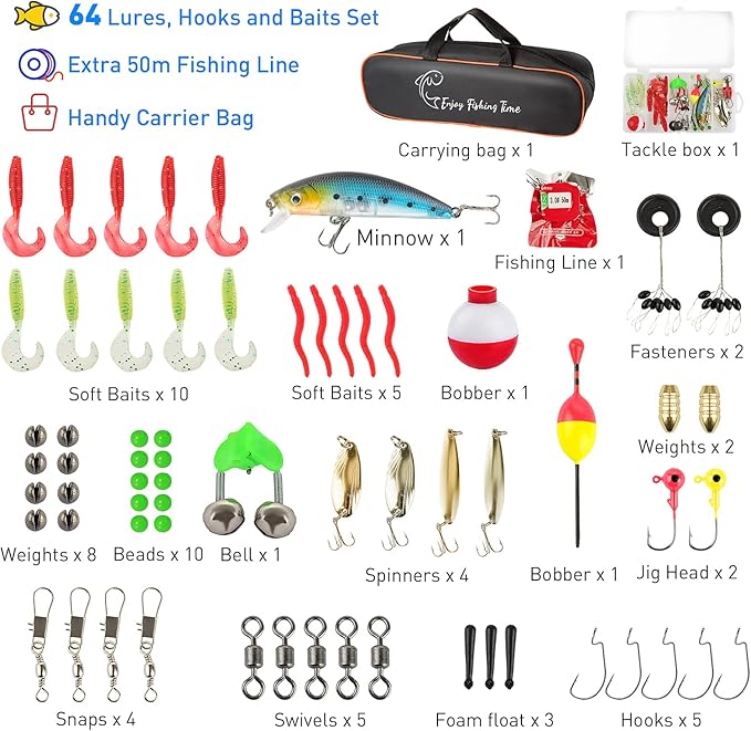 Kids Fishing Pole Kit, 59'' Telescopic Rod and Reel Beginner Combo with Spincast Reel,Tackle Box, Carrier Bag,Fishing Gear for Boys,Girls, Toddler,Youth