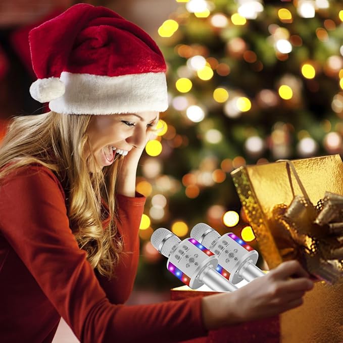 BONAOK Karaoke Microphone for Kids & Adults - Bluetooth Microphones Singing Mic with Disco Lights, Echo Effect, Built-in Speaker Portable Karaoke Player for Party Travel Gifts Q78(Silver)