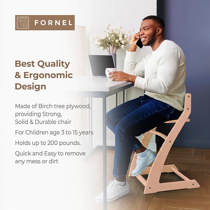 FORNEL Scandinavian Wooden High Chair | The Adjustable Grow-with-Me Chair, A Smart Alternative to Stokke | Perfect for Modern, Minimalist Kitchens (Natural & White)