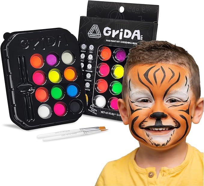 Grida Face Painting Kit for Kids - Grida Professional Party Kit Night Pack with 12 Skin-Safe, Vegan, Cruelty-Free, 2 Art Brushes, 1 Palette - Easy-Remove Face Paint & Glow in Dark Effect