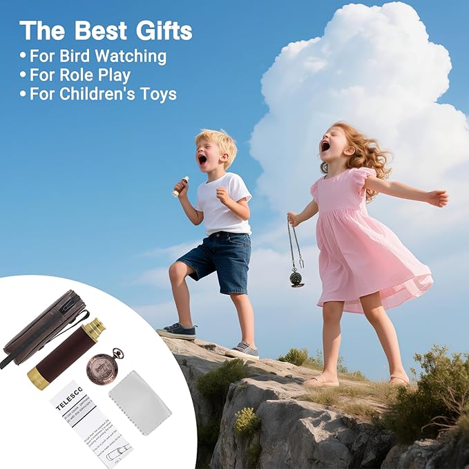 Retro Pirate Telescope 25x30 Spyglass Portable Collapsible Handheld Telescope Zoom Vintage Monocular Classical Collection Compass for Camping Hunting Boating Gift