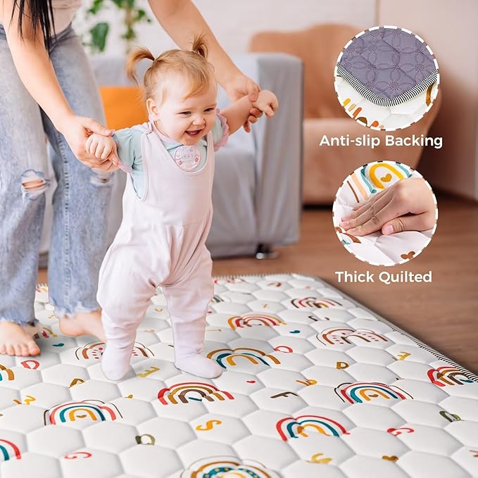 Boho Rainbow Baby Play Mat 50x50 Playpen Mat Thicken Soft Baby Crawling Mat Non-Slip Cushioned Baby Floor Mat with Letters, Activity Playmats for Babies Toddlers Play & Tummy Time (50X50,White)