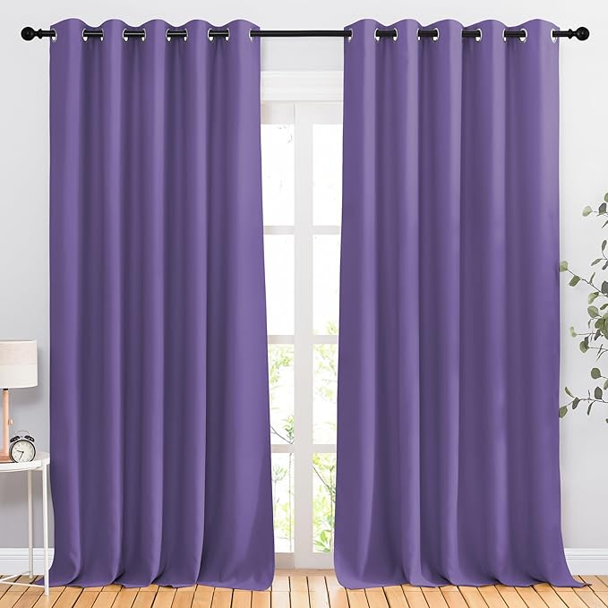NICETOWN Blackout Lilac Purple Curtains & Drapes for Bedroom - Noise Reducing Thermal Insulated Solid Grommet Room Darkening Window Drapes for French Door (2 Panels, 66 x 90 Inch)