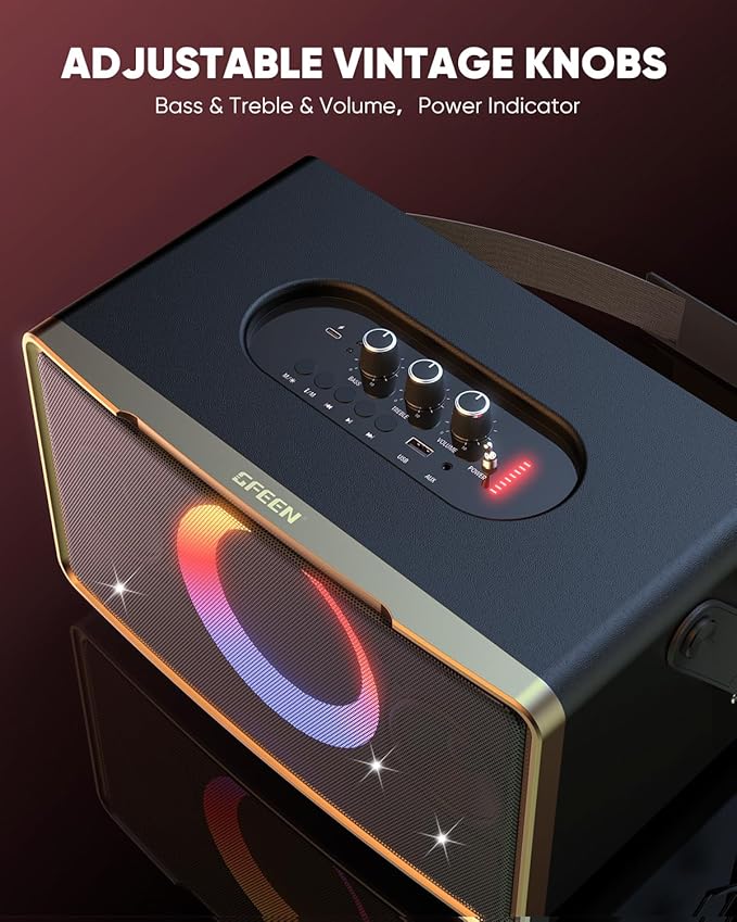 GFEEN Portable Bluetooth Speaker: 200W Peak, 15H Playtime, Wireless Speakers with Microphone, 5″ Subwoofer, Loud Sound, Light Show, Fast Charging for Outdoor, Party, Backyard(Gold with 2Mic)