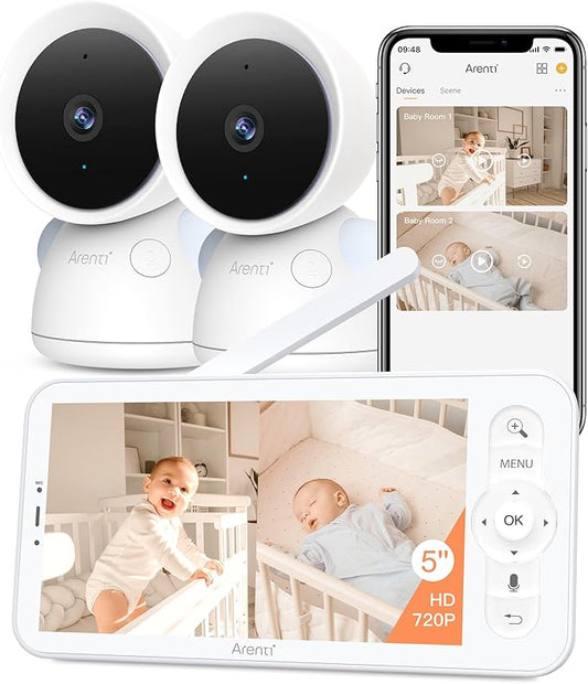 ARENTI Baby Monitor with 2 Cameras, 2K/3MP WiFi 6 Camera and Audio, 5-inch Wireless Screen, Smartphone App, Super Night Vision, Crying Detection, Auto Tracking, Temp&Humidity Sensor (D3 Set)
