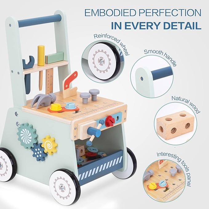 2-in-1 Baby Push Walker - Wooden Push Walker and Tool Toy for Babies - Toddler Learning Activity Walker for Girls Boys 1-3 Years - Educational and Sturdy Construction