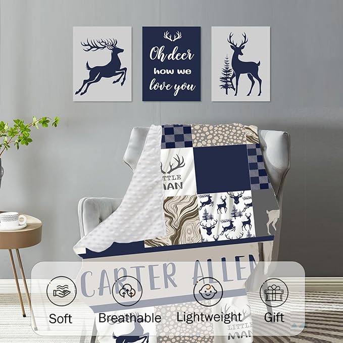 Personalized Baby Crib Bedding Set, 5-Piece Navy Deer Design Baby Crib Sets with Custom Name, Toddler Double Layer Blanket Fitted Sheets Changing Pad Cover Rug Wall Art Set, Charming Nursery Decor