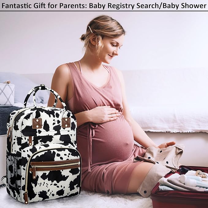 Large Capacity Baby Diaper Bag Backpack with Insulated Pockets, Waterproof, Stylish Cow Print Design, Suitable for Boys and Girls