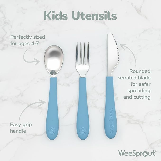 Kids Stainless Steel Utensils Set - Premium 18/8 Grade Silverware Kit - 2 Spoons, 2 Forks, and 2 Knives for Ages 4-7 - Silicone Easy-Grip Handles - Children Flatware Cutlery (Bright - Blue, Green)