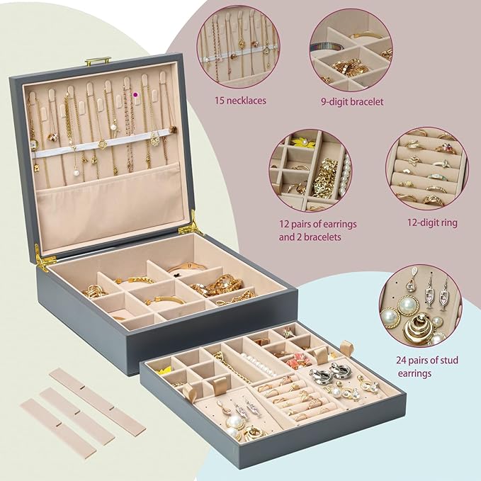 2-layer jewelry box，Jewelry Organizer with Handle，with hanging necklace hooks, detachable jewelry trays, suitable for storing a large amount of jewelry gift box (Large-Grey)