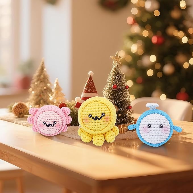 WaldyWop Crochet Kit for Beginners: 3PCS Crochet Animal Kits w/Stress Balls, Step-by-Step Video Tutorials - Wobbles DIY Craft Kit for Adults Kids - Gifts for Girls&Women (Dolphin, Octopus, Axolotl)
