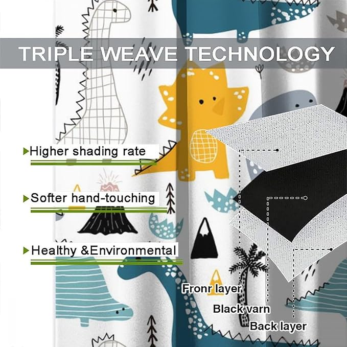 Kids Dinosaur Curtains for Boys Girls Bedroom Decor Cartoon Dino Colorful Cute Funny Wildlife Animal Printed Blackout Rod Pocket Window Drapes for Baby Nursery Playroom Living Room W42xL84in 2 Panels