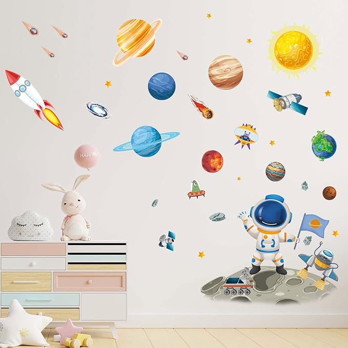 Outer Space Astronaut Wall Stickers - Planets Rocket Boys Wall Decals - Baby Nursery Kids Room Daycare Playroom Classroom Wall Decor