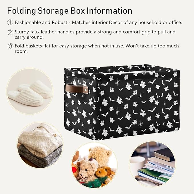 Storage Basket Bin Halloween Ghost and Bat Organizer Basket Collapsible Shelf Basket Cube with handle for Nursery Bedroom Bathroom (white 26)