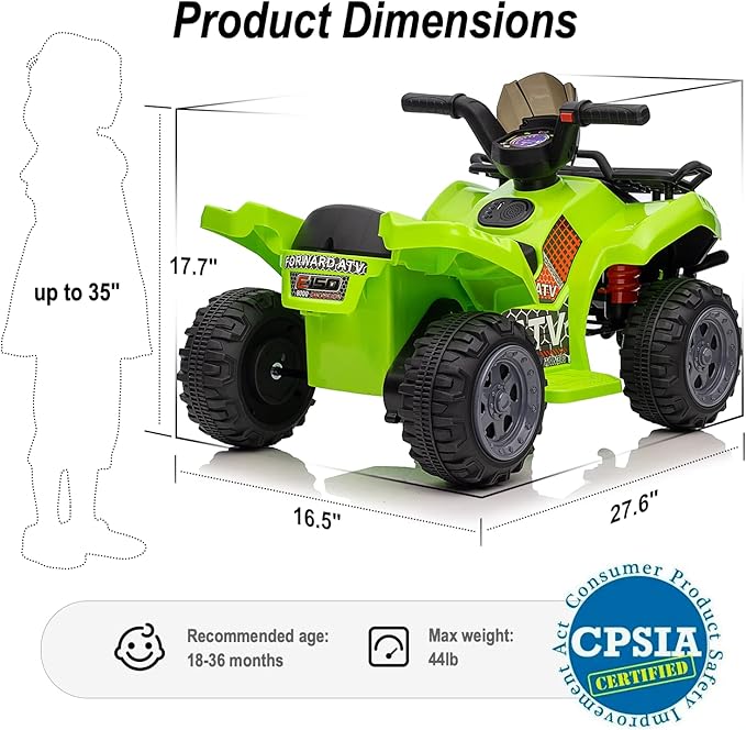 Kids ATV 4 Wheeler, 6V Ride-On Toy for Toddlers Boys & Girls with Music, Forward & Reverse - Green