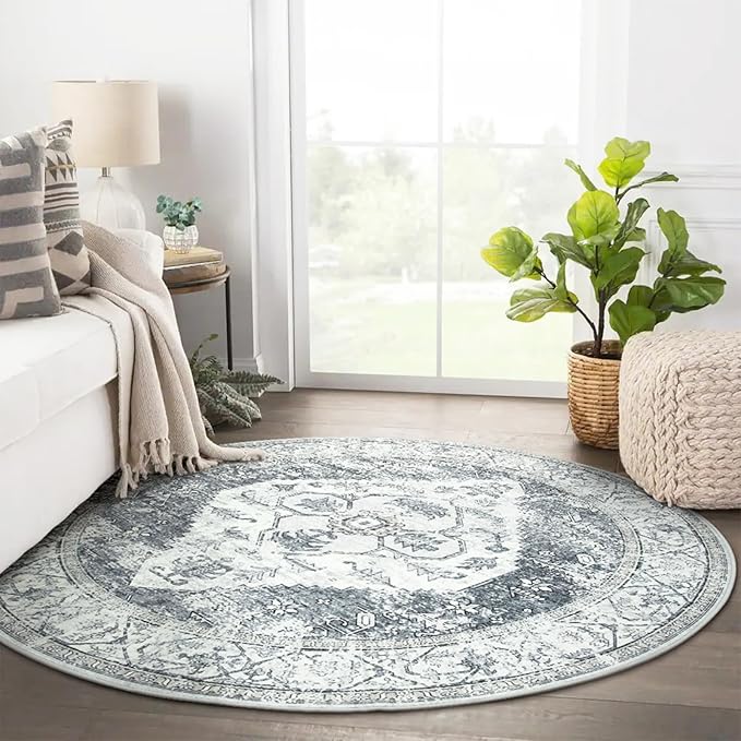 Lahome Boho Round Rugs - 6ft Washable Round Area Rugs for Living Room Grey Non-Slip Throw Dining Room Rug Large Circle Bedroom Rug, Oriental Distressed Print Indoor Rug Round for Entryway Office