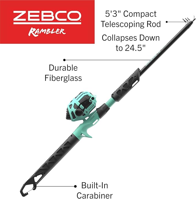 Zebco Rambler Fishing Reel and Rod Combo, Durable Fiberglass Rod with Built-in Carabiner, Patented No-Tangle Reel, Pre-Spooled with 8-Pound Zebco Fishing Line