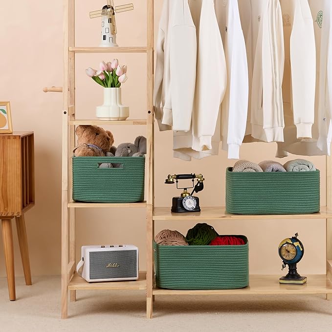 Large Storage Baskets for Shelves, Closet Organizers Bins for Clothes Blanket Towels, Baby Nursery, Toy Baskets Box, Woven Rope Baskets, 17 x 13 x 7.5”, 3 Packs Green