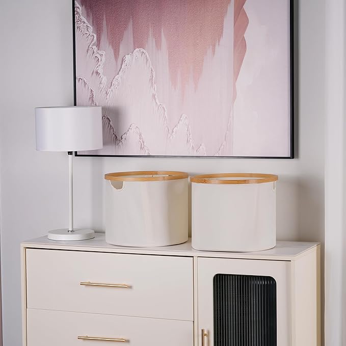 efluky Storage Baskets for Organizing, Fabric Storage Bins with Bamboo Handles, Collapsible Storage Baskets for Shelves and Closet,Medium, Beige Set of 2