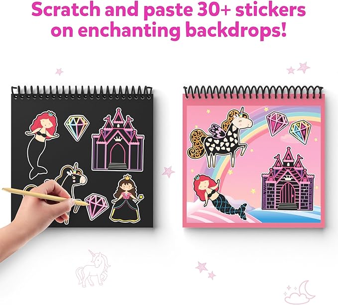 Skillmatics Scratch Art Book for Kids - Unicorns & Princesses, Craft Kits & Supplies, 30+ Scratch Stickers, Travel Toys, DIY Kit, Gifts for Girls & Boys Ages 3, 4, 5, 6, 7, 8