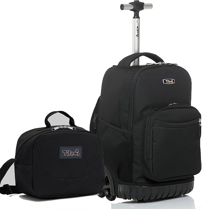 NEW TILAMI 18 inch Rolling Backpack for Kids - Waterproof, Stair-Climbing, Durable, Personalized Design for School, Travel, Black