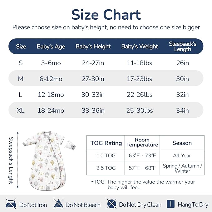 Baby Sleep Sack 3-6 Months, Cotton Detachable Long Sleeve Sleep Sack, 1.0 Tog Toddler Sleeping Sack with Temperature Strips, 2-Way Zipper Wearable Blankets for Newborns, Hot Air Balloon