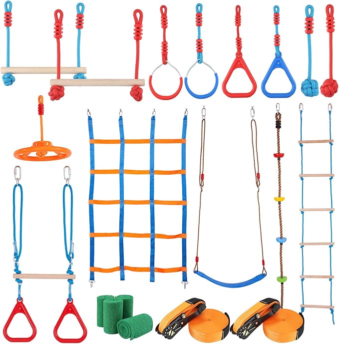 VEVOR Ninja Warrior Obstacle Course for Kids, 2 x 60 ft Weatherproof Slacklines, 500lbs Weight Capacity Monkey Line, Outdoor Playset Equipment, Backyard Toys Training Equipment Set with 14 Obstacles