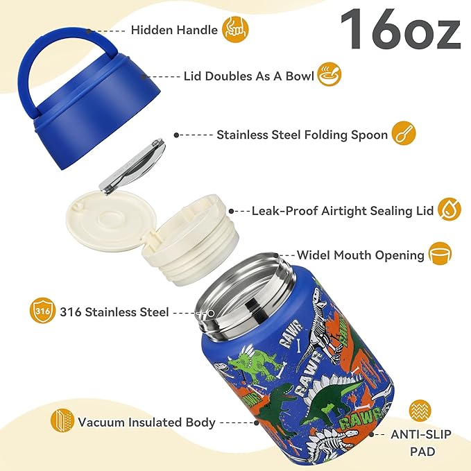 Soup Thermo for Hot Food Kids 16oz Insulated Food Jar Leakproof Thermo Lunch Container for Kids Wide-Mouth Stainless Steel Lunch Box for School with Handle Folding Spoon(3+)