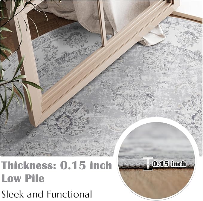 jinchan Round Rug 7ft Area Rugs - Vintage Floral Distressed Design Machine Washable Non-Slip Low-Pile Ultra-Thin Circle Rug for Living Room Dining Room Bedroom Home Office Farmhouse (7' Round,Grey)