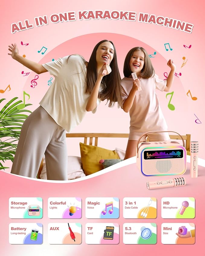 Kids Karaoke Machine for Girls, Kids Toys Gifts for Age 3-12+, Portable Bluetooth Speaker with 2 Wireless Microphones, Toddler Singing Karaoke for Birthday, Family, Home Party (Pink)