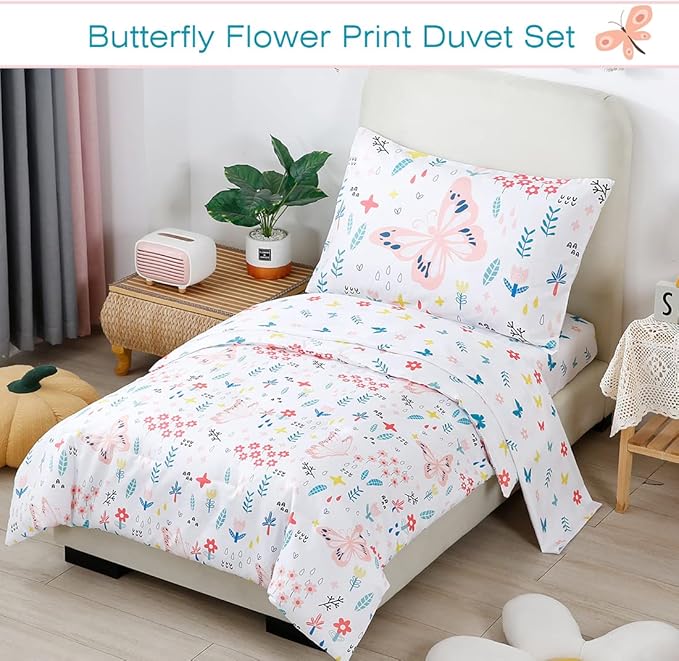 PERFEMET 5 Pieces Girls Bed in A Bag Full Size Reversible Pink Flowers Butterfly Comforter Set with Sheet Soft Lightweight Botanical Floral Bedding Set for Kids Teen(White, Full)