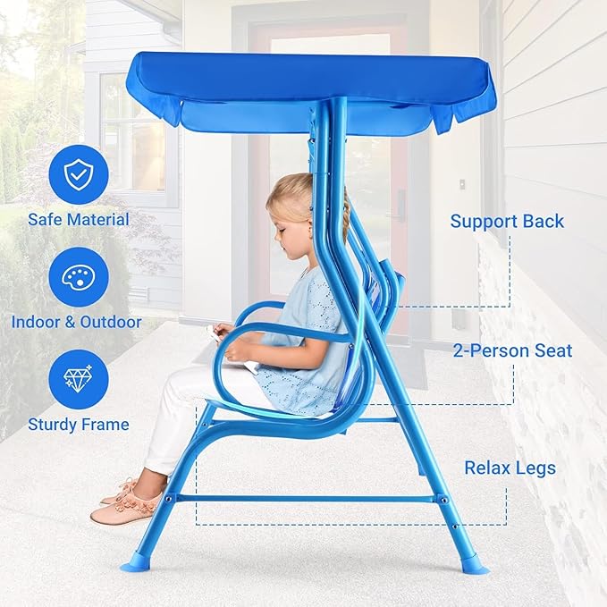 GLACER Porch Swing, Kids Patio Hammock w/Adjustable Canopy & Stand, Safety Belt, 2 Seats Outdoor Swing Bench, Metal Frame Hanging Lounge Chair, Swing Sets for Backyard, Garden, Poolside (Blue Puppy)