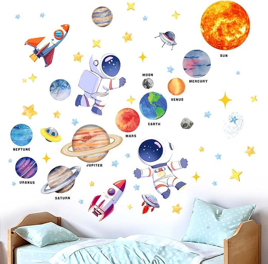 Outer Space Wall Stickers for Kids: Peel and Stick Astronaut Planets Rocket Wall Decals - Wall Art Decor Kids Supplies Ages 1 2 3 4 5 6 7 8 9 10 11 12 Year