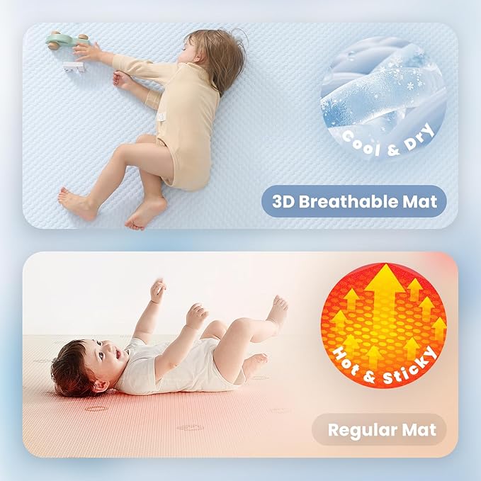 Baby Play Mat for Summer, 1.3 Thick Extra Large Memory Foam Cooling Floor Tummy Time Mat, Soft & Breathable, Non-Slip Rectangular for Toddlers’ Playtime & Rest(Light Blue,79"x118")