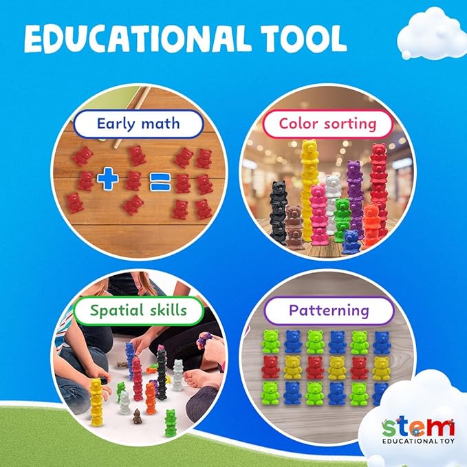 Skoolzy Stackable Counting Bears Color Sorting Toys for Toddlers 100 pc - Montessori Toddler Sorting Toys, Sorting Games, Teaching Counting Toys for Toddlers 3+, Manipulatives for Preschoolers