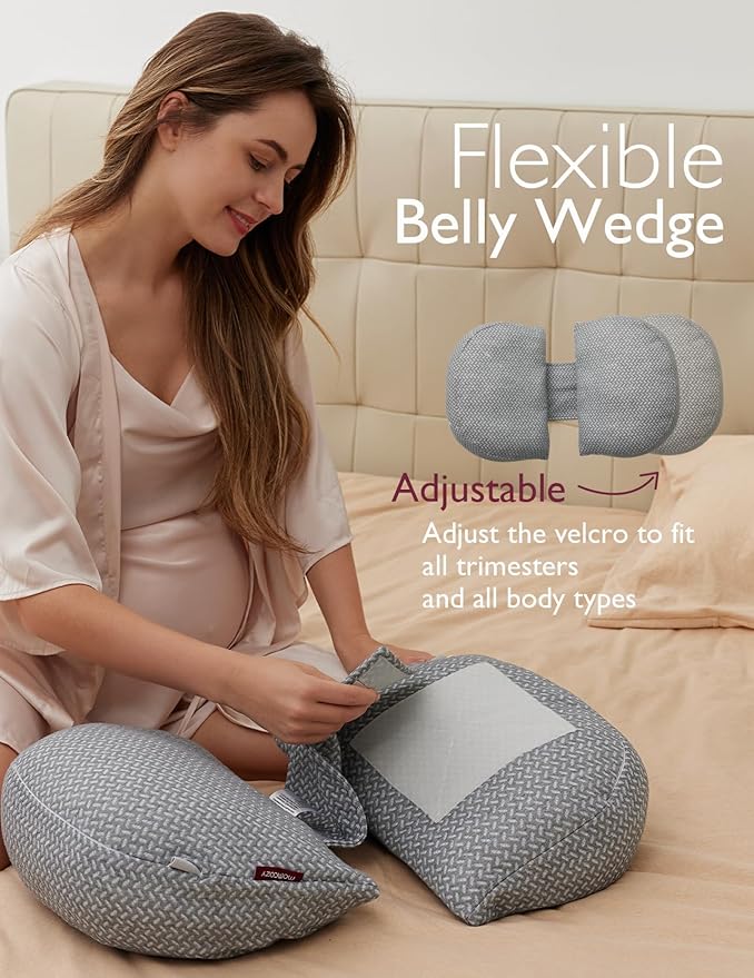 Momcozy Portable Pregnancy Pillow – W Shaped Maternity Support for Side Sleepers, Adjustable Travel Wedge Pillow for Back, Belly, and Hip Relief, Ideal for Pregnant Women, Deep Grey