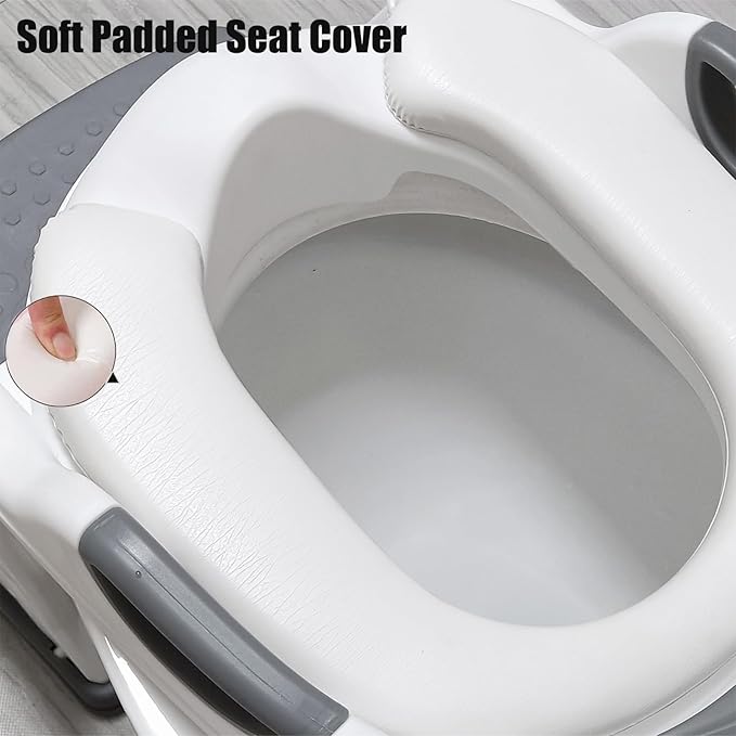 PandaEar Potty Training Seat with Step Stool Ladder, Toddler Toilet Seat for Kids Boys Girls, Comfortable Safe Potty Seat with Anti-Slip Pads Ladder & Bear Design -Grey