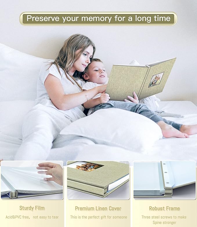 popotop Photo Album Self Adhesive with Picture Display Window,40 Pages DIY Scrapbooking Supplies Kit for 4x6 8x10 Picture,Linen Cover Memory Book for Baby Wedding, with Scraper and Metallic Pen