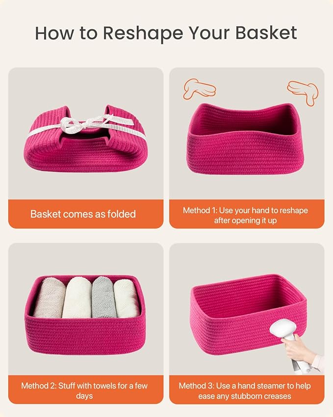 KALLAX Small Woven Basket, 12 x 8 x 4.5 Inches, Storage Basket for Organizing, Cute Small Rope Shelf Closet Cube Storage Bins Baskets for Shelves, Dog Toy Gift Baskets Empty, 3 Packs, Hot Pink