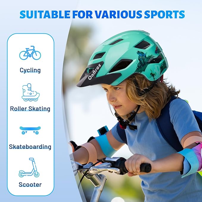 OnBros Kids Bike Helmet - Bike Helmets for 5-14 Boys or Girls with Visor, Children Bicycle Helmet for Skateboard Mountain Scooter Road Cycling, Lightweight and Adjustable 50-57CM