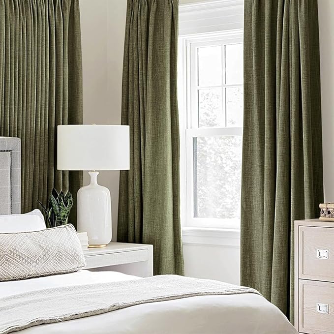 MIULEE Linen Texture Curtains for Bedroom Solid 100% Blackout Thermal Insulated Light Olive Green Curtains Grommet Room Darkening Drapes for Living Room Nursery 52x54 Inch (2 Panels)