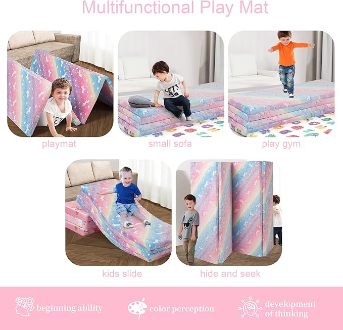 MeMoreCool Kids Floor Futon Mattress Large 6x4 FT, Thicken Foam Tatami Mattress for Children Play Area, Foldable Sleeping Pad Crawling Tatami Mat for Playroom, Rainbow Unicorn