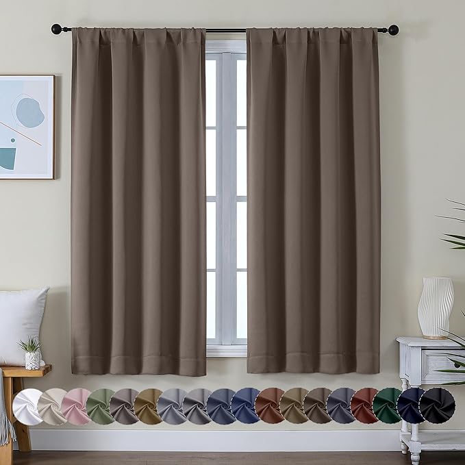 Simplebrand Ava Brown Blackout Curtains for Bedroom 63 Inch Length 2 Panels Set, Solid Thermal Insulated Energy Saving Rod Pocket Window Treatment Curtains Blackout Drapes, W40 x L63 Inch, Brown