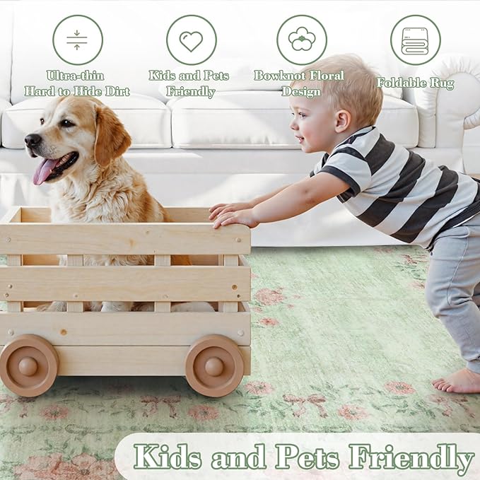 Wonnitar Green Area Rug for Living Room, Floral Bow 8x10 Washable Rug, Ultra-Thin Non Shedding Soft Boho Carpet for Bedroom Dining Room Playroom Dorm, Light Green