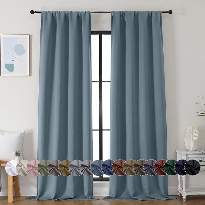Simplebrand Ava Stone Blue Blackout Curtains for Bedroom 96 Inches Long 2 Panels, Thermal Insulated, Energy Saving Living Room Window Treatment Curtains Blackout Drapes, W40 x L96 Inch, Stone Blue