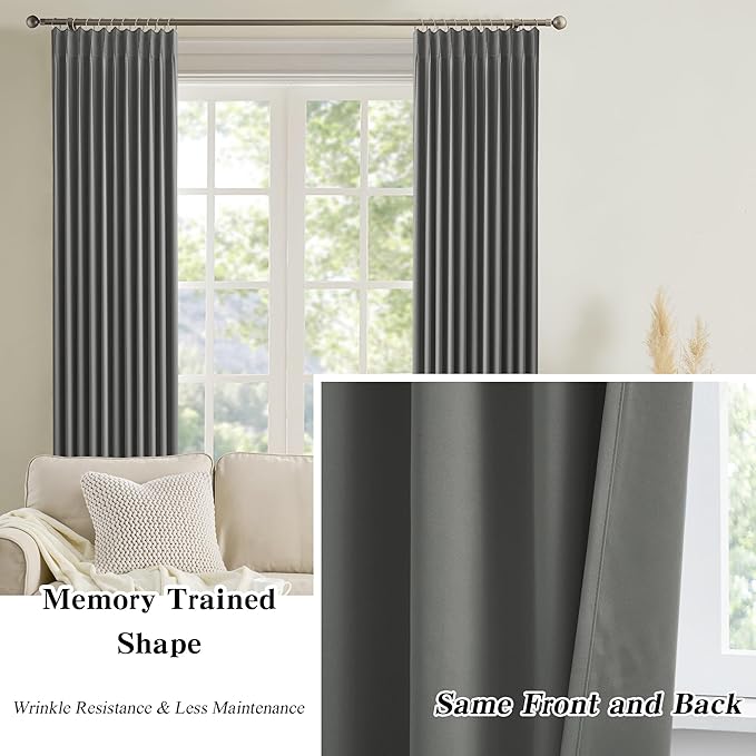 Grey Blackout Curtains 102 Inches Long 2 Panels Set, 60 Inch Wide Pinch Pleated Curtain with Hooks,Thermal Insulated Room Darkening Vertical Window Treatments for Living Room Bedroom 60 x 102